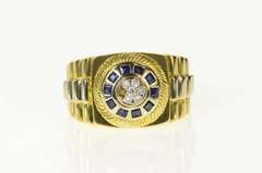 18K Yellow Gold Men's Retro Diamond Sapphire Ornate Ring