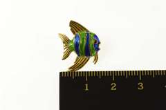 18K Yellow Gold Blue Green Enamel Garnet Eyed Fish Lapel Pin/Brooch