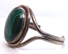 Vintage Sterling Silver Malachite Cuff Bangle Bracelet