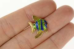 18K Yellow Gold Blue Green Enamel Garnet Eyed Fish Lapel Pin/Brooch