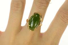 14K Yellow Gold Marquise Nephrite Diamond Retro Cocktail Ring
