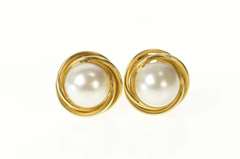 14K Yellow Gold Mabe Pearl Retro Ornate Twist French Clip Earrings