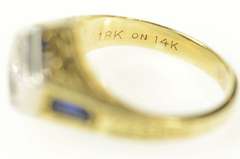 14K Yellow Gold Art Deco Diamond Sapphire Etched Engagement Ring