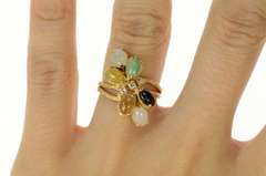 14K Yellow Gold Multi Colored Jade Diamond Cluster Bypass Ring