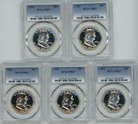 5 Superb Gem Proof 1962 Franklin Half Dollars. PCGS PR67