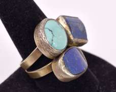 Sensational Vintage Lapis and Turquoise Ring in Gold Plated Sterling Silver