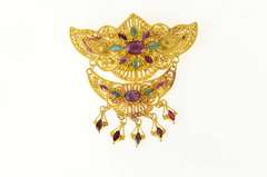 22K Yellow Gold Elaborate Thai Ruby Emerald Fringe Pin/Brooch