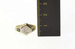14K Yellow Gold Art Deco Diamond Sapphire Etched Engagement Ring