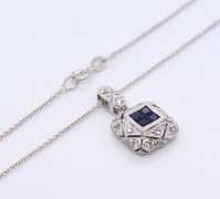 Charming 18kt Deco Style Sapphire Diamond Cluster Pendant on Chain