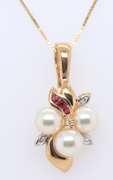 Gorgeous Triple Pearl w Diamond and Ruby Accent Necklace