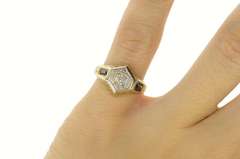14K Yellow Gold Art Deco Diamond Sapphire Etched Engagement Ring