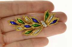 18K Yellow Gold Blue Green Enamel Diamond Leaf Cluster Pin/Brooch