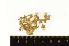 14K Yellow Gold Retro Floral Pearl Vine Basket Bouquet Pin/Brooch
