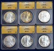 Lot Of 6 ANACS Graded American Silver Eagles MS61-MS66