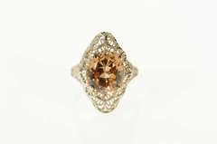 14K White Gold Art Deco Citrine Ornate Filigree Statement Ring