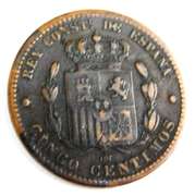 1879 Barcelona Spain Cinco Centimes Coin