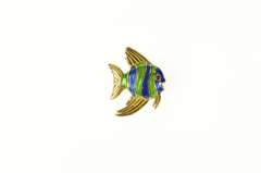 18K Yellow Gold Blue Green Enamel Garnet Eyed Fish Lapel Pin/Brooch
