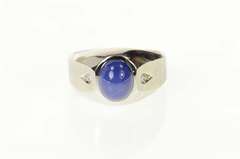 14K White Gold Blue Syn. Star Sapphire Diamond Men's Ring