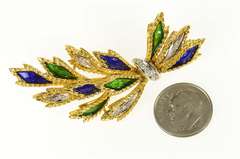 18K Yellow Gold Blue Green Enamel Diamond Leaf Cluster Pin/Brooch