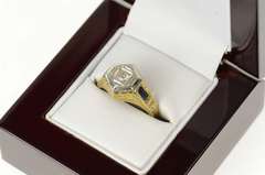 14K Yellow Gold Art Deco Diamond Sapphire Etched Engagement Ring