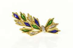 18K Yellow Gold Blue Green Enamel Diamond Leaf Cluster Pin/Brooch