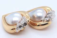 Dreamy White Gold Mabe Pearl and Diamond Clip on Earrings