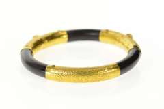 18K Yellow Gold Victorian Chinese Black Onyx Etched Bangle Bracelet
