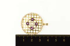 10K Yellow Gold Ornate Seed Pearl Amethyst Lattice Round Pendant