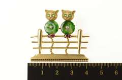 14K Yellow Gold 1960's Diamond Jade Ruby Fence Cats Pin/Brooch