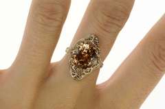 14K White Gold Art Deco Citrine Ornate Filigree Statement Ring