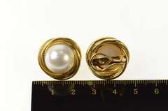 14K Yellow Gold Mabe Pearl Retro Ornate Twist French Clip Earrings