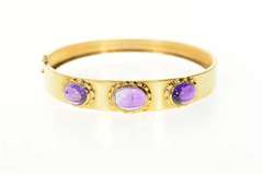 18K Yellow Gold Oval Amethyst Ornate Retro Bangle Bracelet