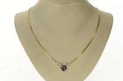 14K Yellow Gold Oval Amethyst Diamond Chevron Square Chain Necklace