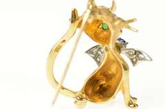 14K Yellow Gold Diamond Sapphire Emerald Cat Kitty Retro Pin/Brooch