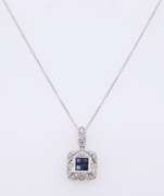 Charming 18kt Deco Style Sapphire Diamond Cluster Pendant on Chain