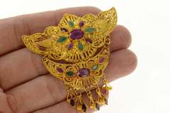 22K Yellow Gold Elaborate Thai Ruby Emerald Fringe Pin/Brooch