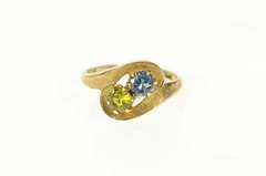 10K Yellow Gold 1960's Blue Topaz Peridot Textured Bypass Ring