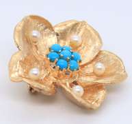 Vintage Yellow Gold Turquoise and Pearl Brooch