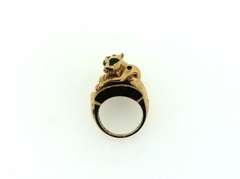 Illustrious Handmade Italian 14k Gold and Onyx Signet Ring with resting Panther