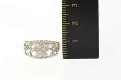14K White Gold Pave Diamond Flower Scroll Wedding Band Ring