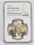Mint Error MS63 1922 Peace Silver Dollar - Curved Clip @ 2:00 - NGC