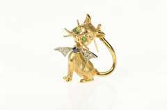 14K Yellow Gold Diamond Sapphire Emerald Cat Kitty Retro Pin/Brooch