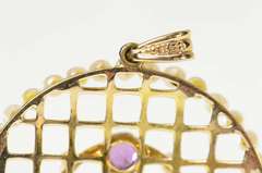 10K Yellow Gold Ornate Seed Pearl Amethyst Lattice Round Pendant
