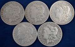 Lot Of 5 Morgan Silver Dollars, Circulated. In Display Box.