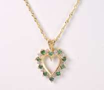 Emerald and Diamond Heart Pendant Necklace in Yellow Gold