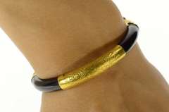 18K Yellow Gold Victorian Chinese Black Onyx Etched Bangle Bracelet