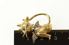 14K Yellow Gold Diamond Sapphire Emerald Cat Kitty Retro Pin/Brooch
