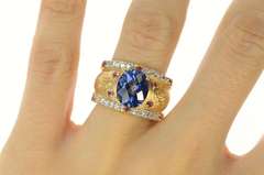 14K Yellow Gold Ornate Syn. Sapphire Diamond Statement Ring