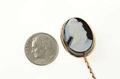 14K Yellow Gold Carved Black Agate Cameo Oval Ornate Stick Pin