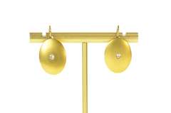 14K Yellow Gold Satin Finish Retro Diamond Oval Dangle Earrings